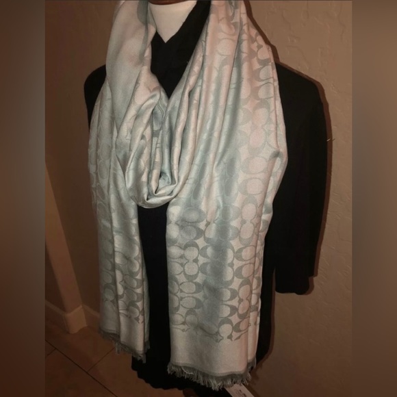 NEW Coach Signature Lightwt Stole/Scarf in Mint/DuckEgg Blue 50%Silk Rare 84x26” - Picture 13 of 16